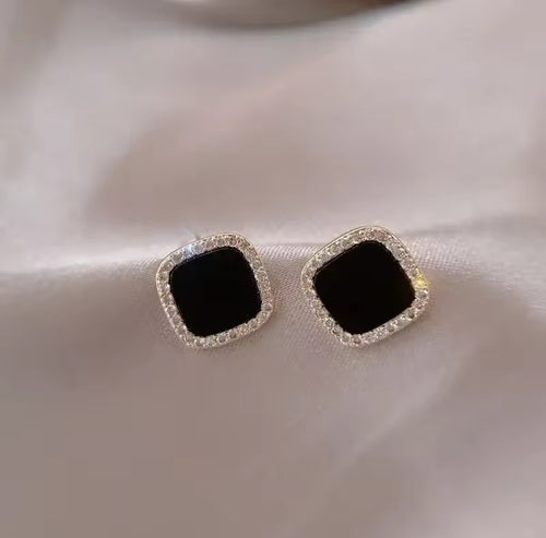 black square CZ stud earrings minimalist hypoallergenic