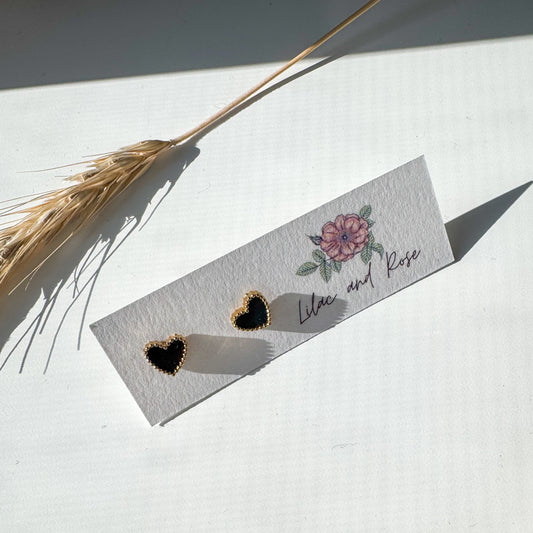 black heart stud earrings with gold trim dainty Lilac and Rose