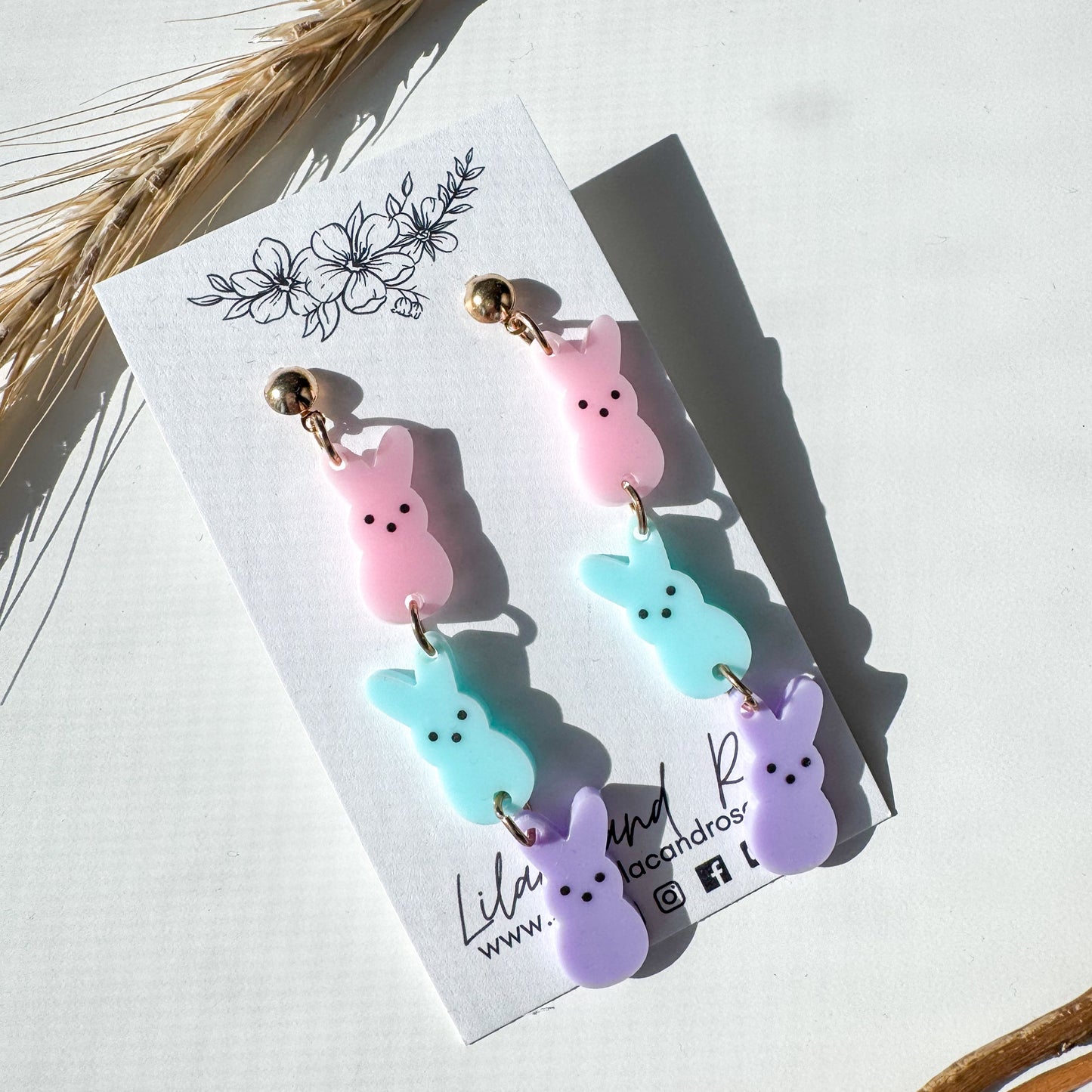 acrylic bunny trio earrings colorful pastel spring Lilac and Rose