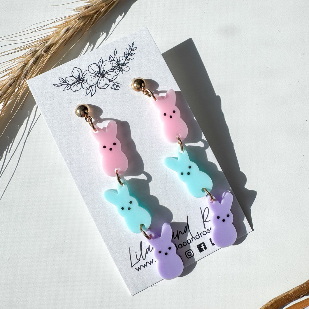 acrylic bunny trio earrings colorful pastel spring Lilac and Rose