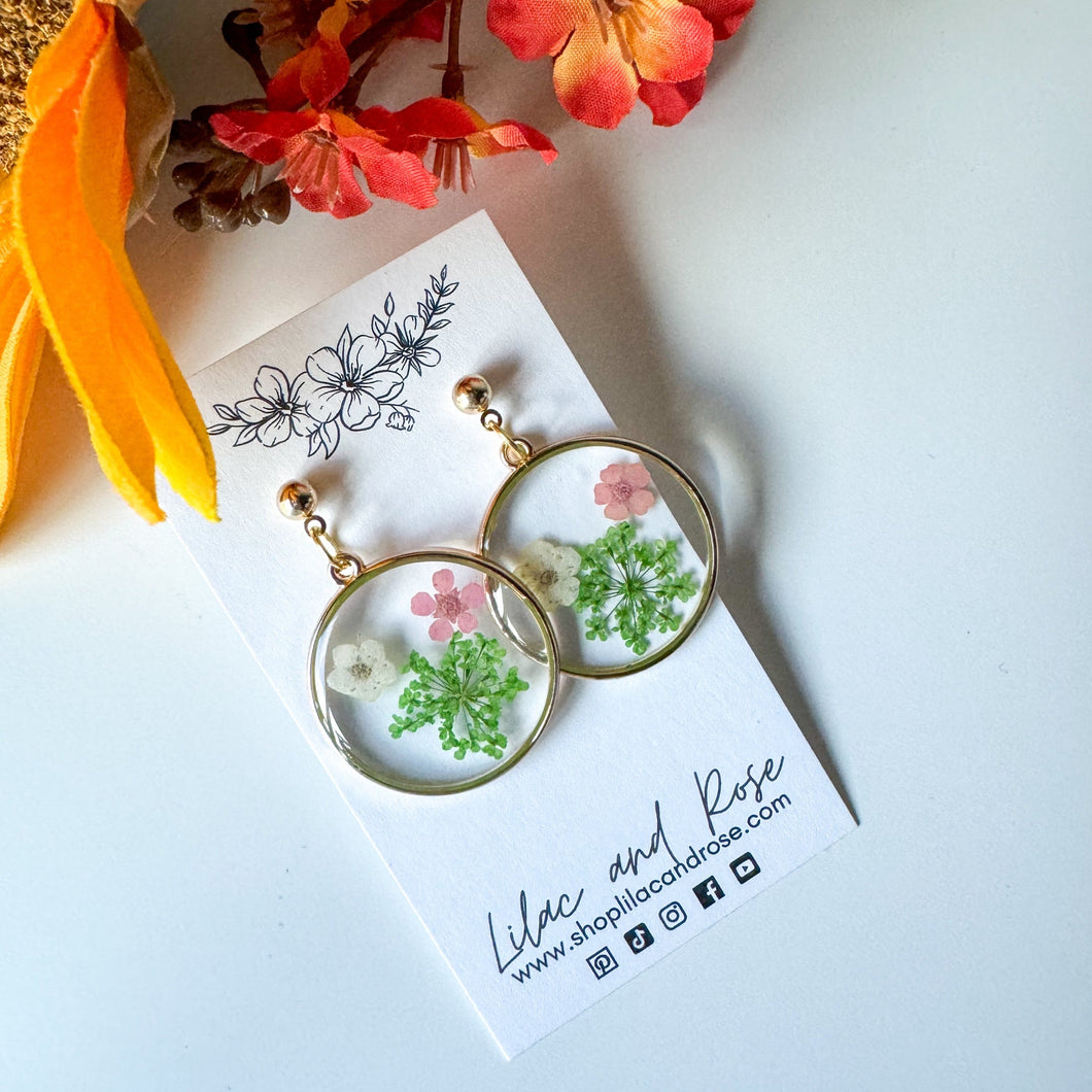 Pink and White Pressed Flower Earrings