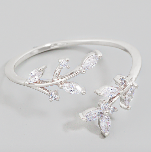 dainty studded fern open band ring gold silver botanical