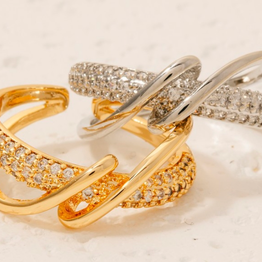 wrapped pave row open band ring gold silver Lilac and Rose