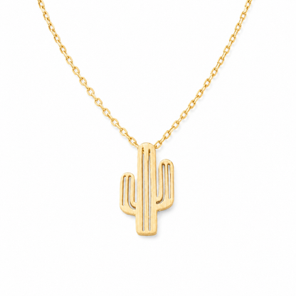 A gold cactus pendant necklace on a delicate gold chain, shown against a plain white background.