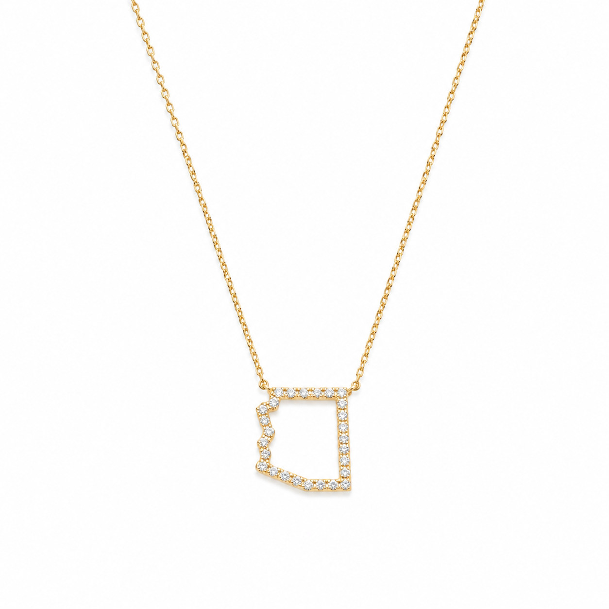 A gold chain necklace featuring an Arizona pendant outlined with small clear stones, shown against a plain white background.