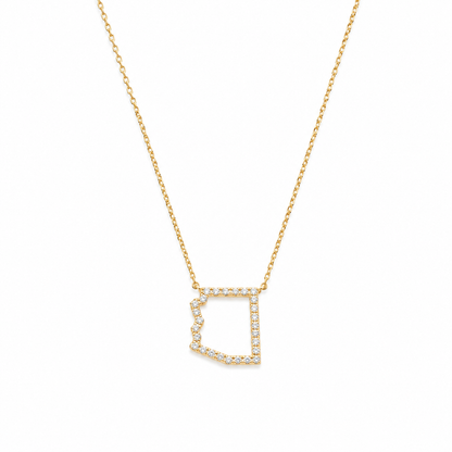 A gold chain necklace featuring an Arizona pendant outlined with small clear stones, shown against a plain white background.