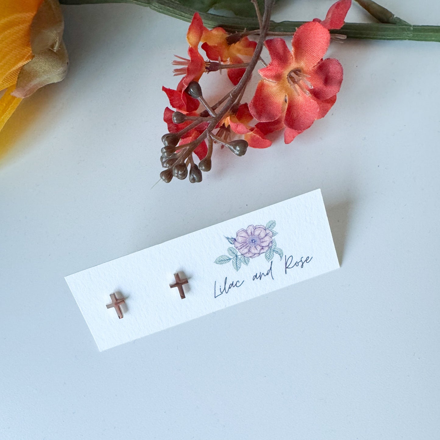 rose gold cross earrings Lilac and Rose