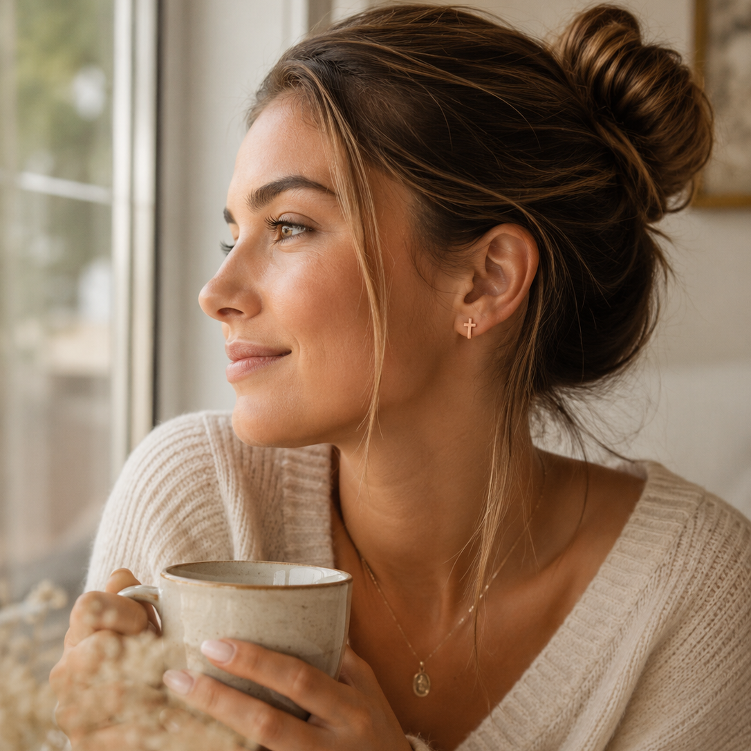 A woman with her hair in a bun looks out a window while holding a ceramic mug. She is wearing a beige knit sweater, a delicate gold necklace, and a small gold hoop earring.