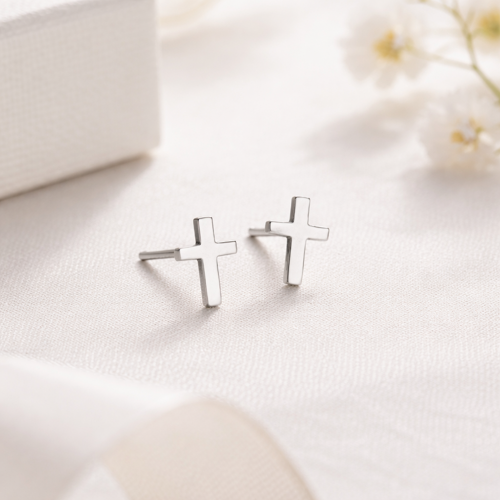 Silver cross earrings on a light background