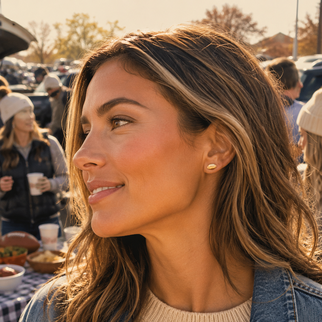 A woman in a denim jacket and beige sweater wearing a small gold football stud earring, photographed outdoors at a sunny market or tailgate with people and food in the background.