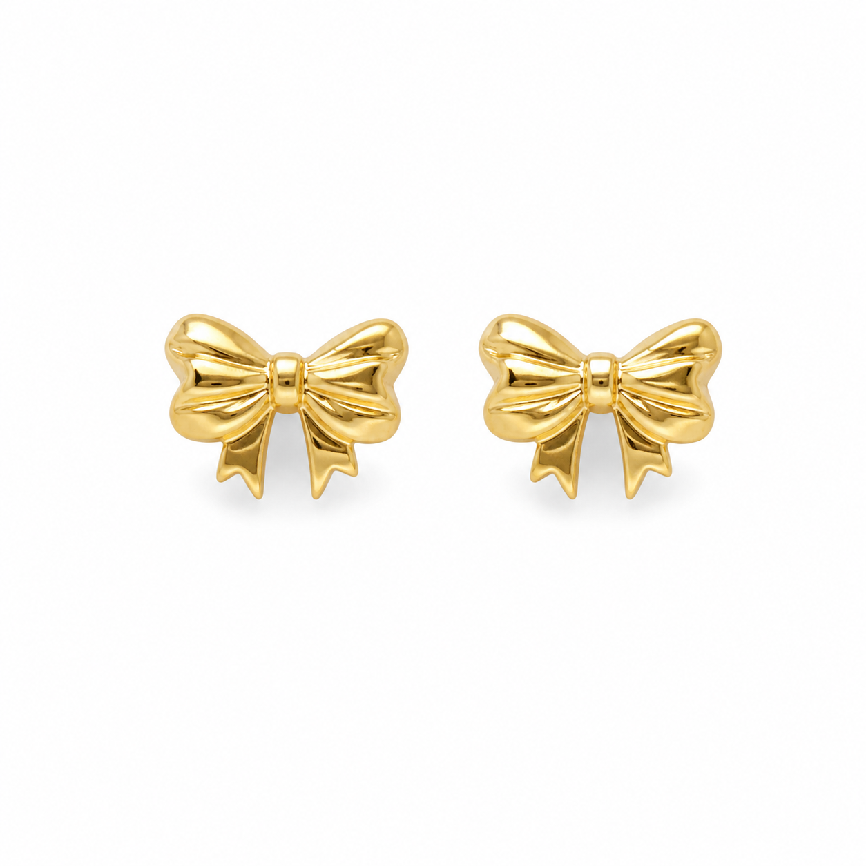 A pair of gold bow stud earrings on a clean white background.
