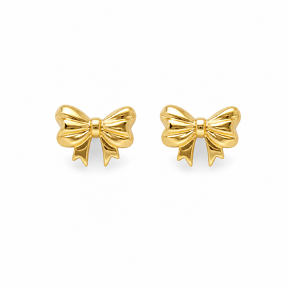 A pair of gold bow stud earrings on a clean white background.