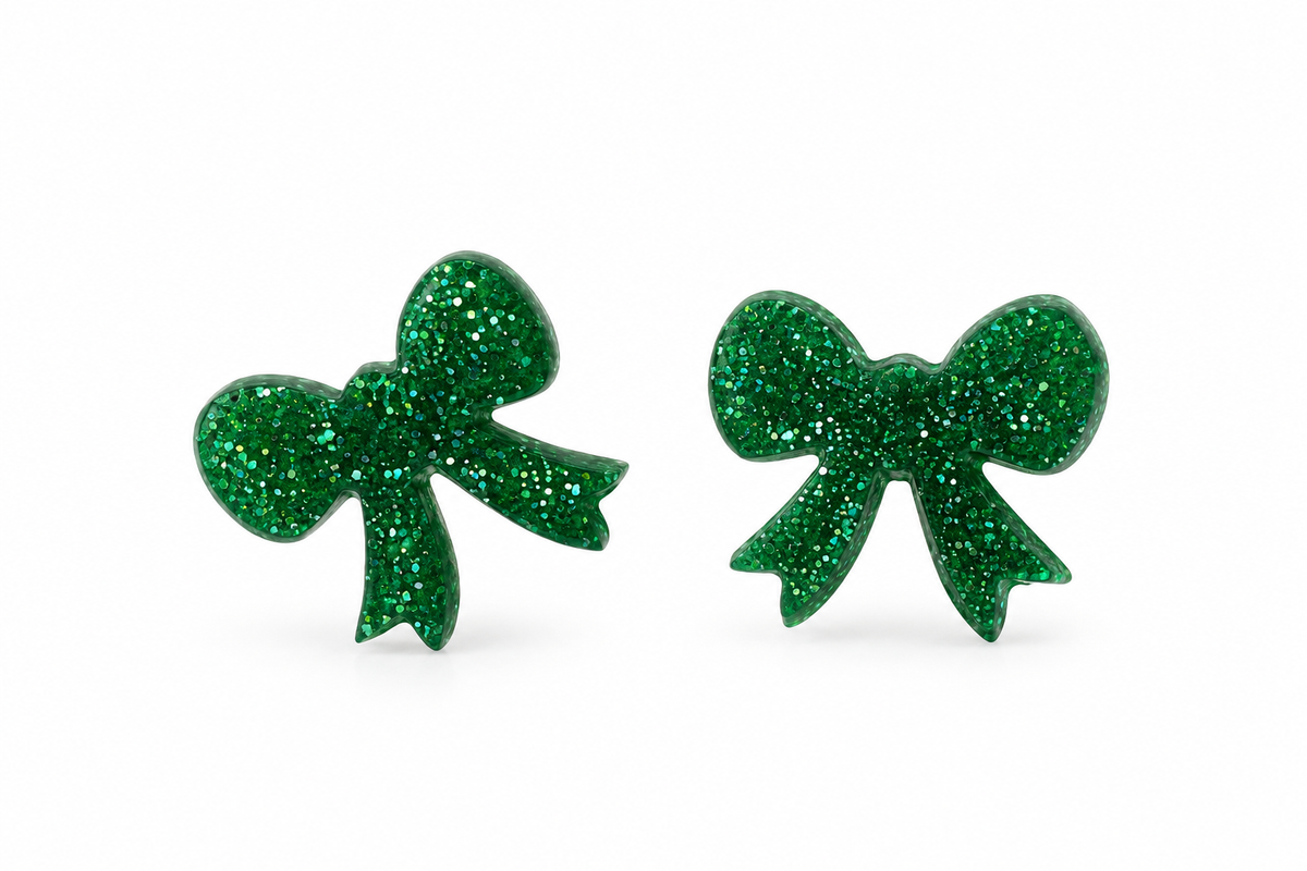 Green Glitter Bow Stud Earrings