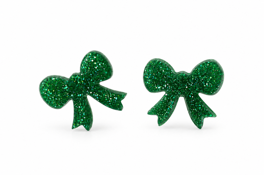 Green Glitter Bow Stud Earrings