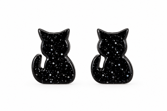 Glittery Black Cat Stud Earrings