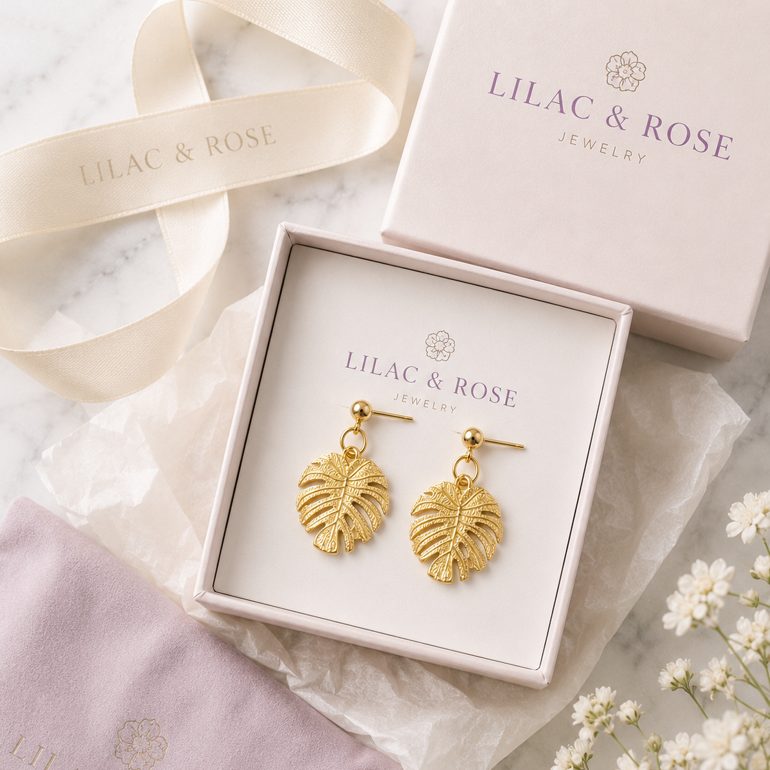 A pair of gold leaf drop earrings displayed in a white Lilac & Rose Jewelry box, with the brand's pink box, cream ribbon, lavender dust bag, and small white flowers arranged around it on a light marble surface.