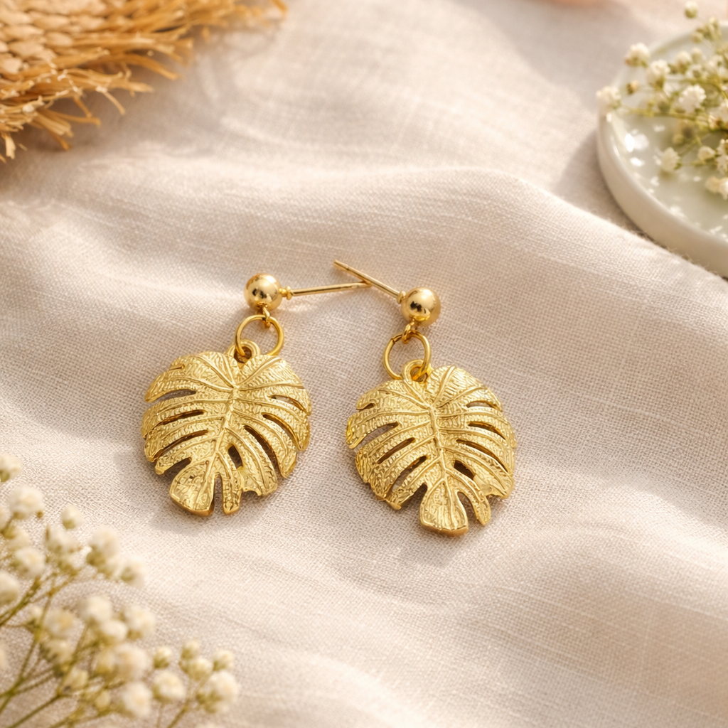 Gold leaf earrings on a beige fabric background with sunglasses and flowers.