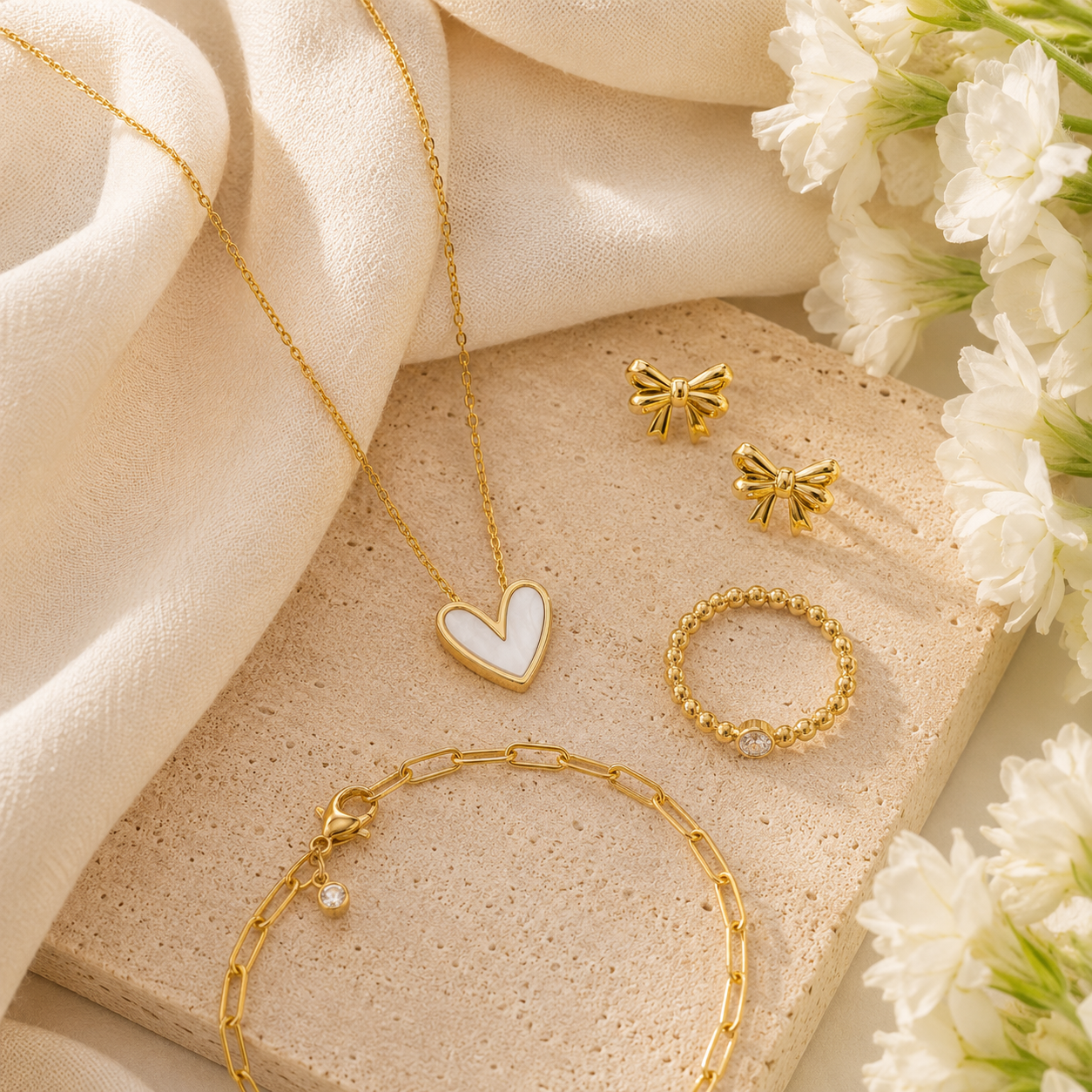 A gold jewelry set arranged on a beige stone slab with soft cream fabric and white flowers. The set includes a heart-shaped pendant necklace with a white inlay, two bow-shaped stud earrings, a textured ring, and a chain bracelet with a small clear stone.