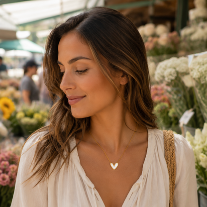 A woman with long brown hair wearing a delicate gold mother of pearl heart pendant necklace, captured in a warm, softly blurred flower market setting.