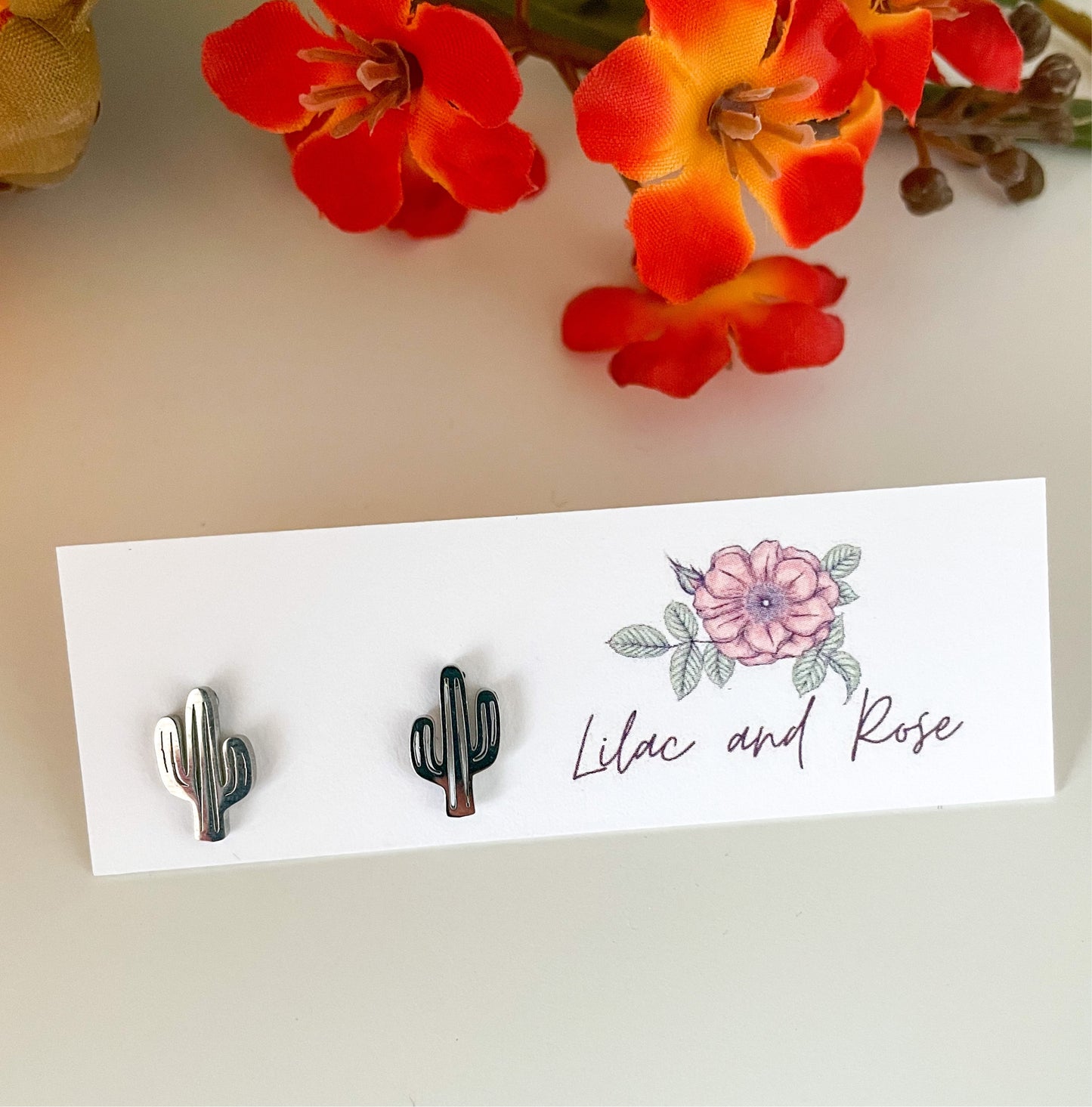 Desert-inspired stainless steel cactus studs