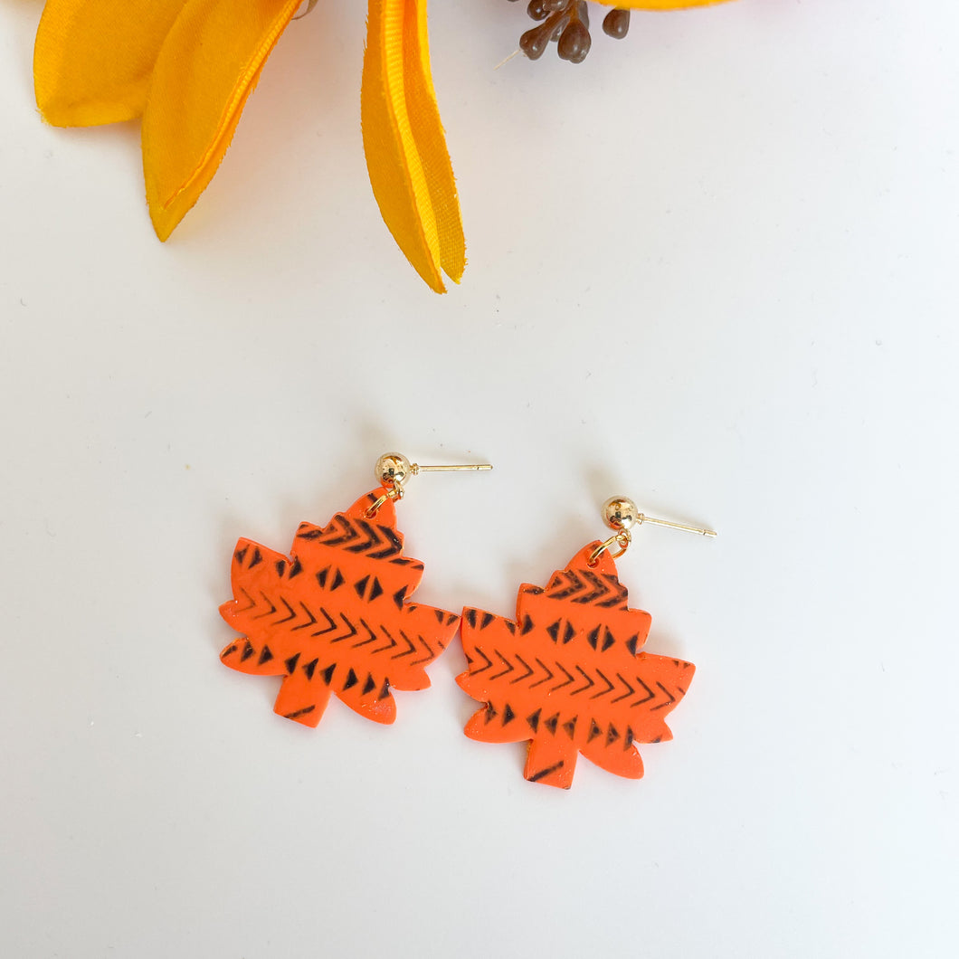 Patterned Orange Leaf Earrings