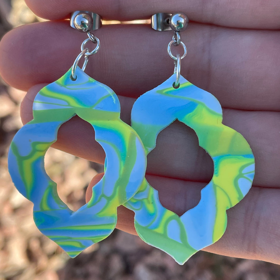 Green and Blue Rose Keyhole Earrings